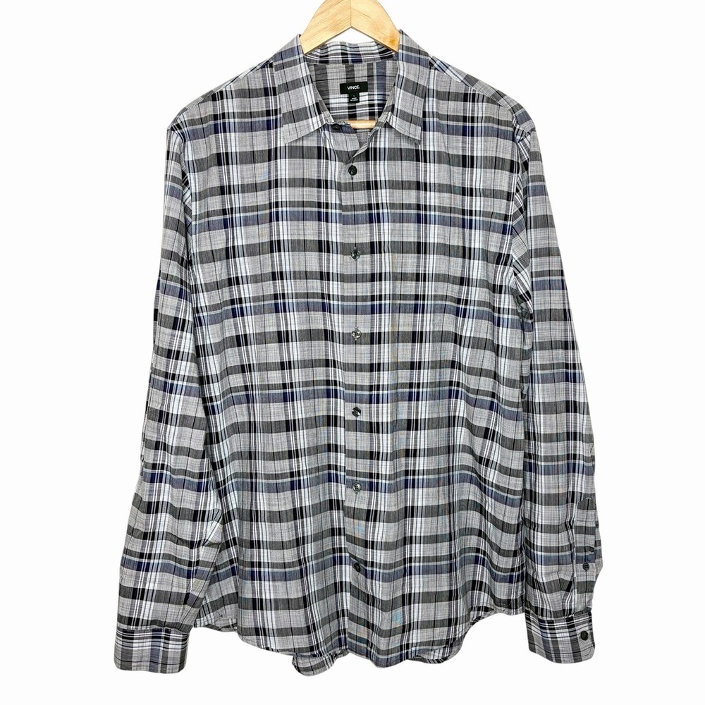 Vince Plaid Button Up Shirt Black Blue Mens Size L Long Sleeve Business Casual
